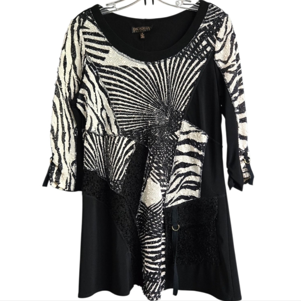 Picadilly Fashion Black and White Graphic Tunic, SMALL